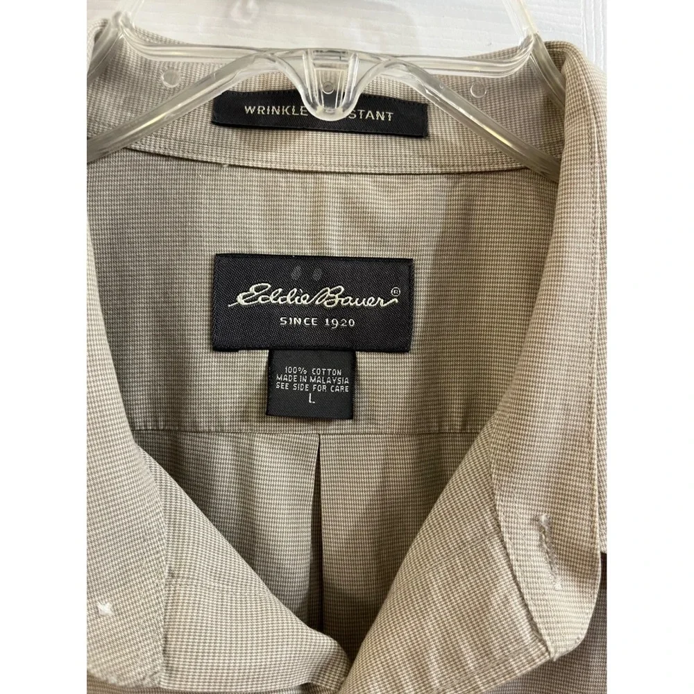 Eddie Bauer Mens Large Tan Micro Check Short Sleeve‎ Button Down Shirt Cotton L